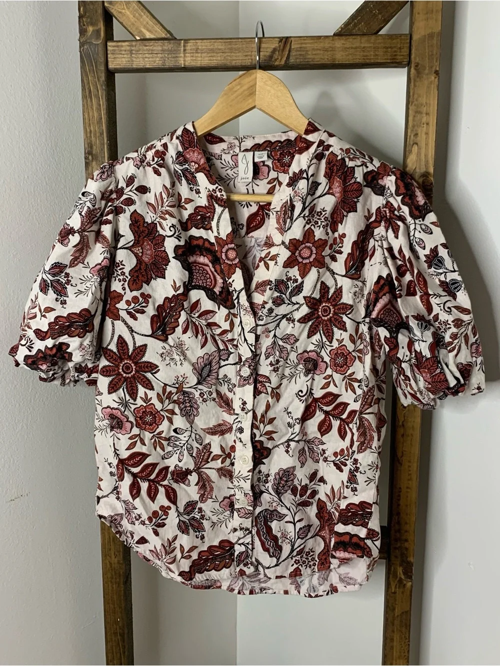 Joie Linen Blend Floral Button-Front Puff Sleeve Top Size S
